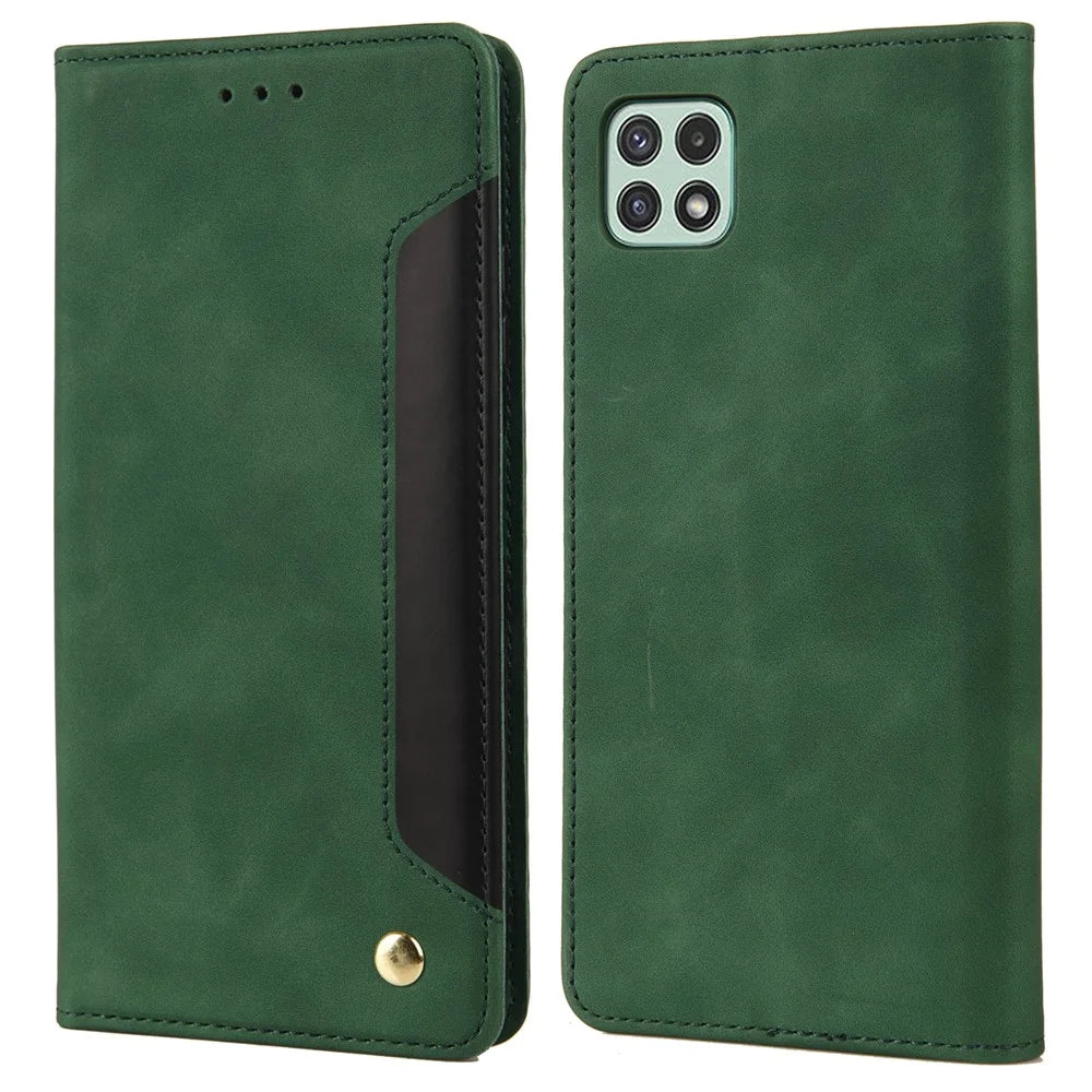 Scratch-resistant Flip Phone Case Splicing Leather Phone Stand Cover Shell for Samsung Galaxy A22 5G (EU Version) - Green - 1