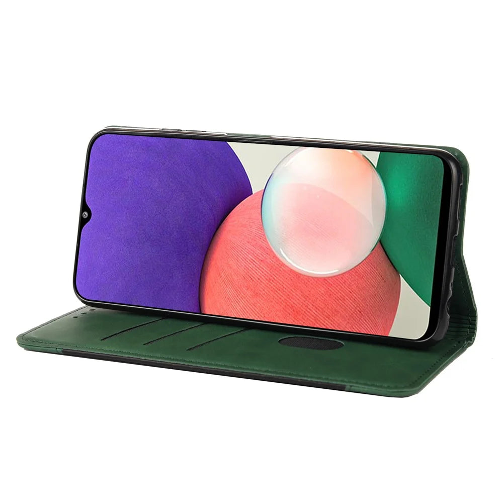 Scratch-resistant Flip Phone Case Splicing Leather Phone Stand Cover Shell for Samsung Galaxy A22 5G (EU Version) - Green - 5