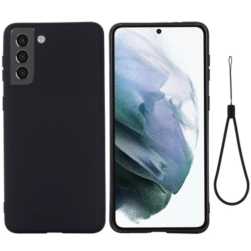 Well-protected Liquid Silicone Soft Phone Cover Shell with Hand Strap for Samsung Galaxy S22 5G - Black - 1