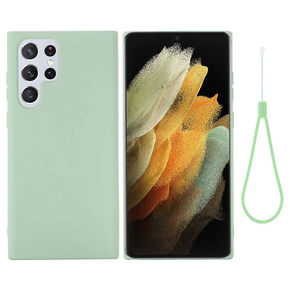 Liquid Silicone Microfiber Lining Mobile Phone Back Case Cover with Strap for Samsung Galaxy S22 Ultra 5G - Green - 1