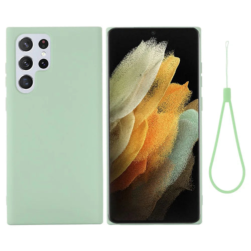 Liquid Silicone Microfiber Lining Mobile Phone Back Case Cover with Strap for Samsung Galaxy S22 Ultra 5G - Green - 1