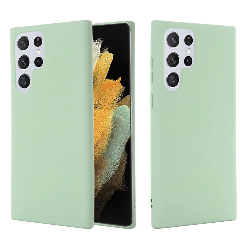 Liquid Silicone Microfiber Lining Mobile Phone Back Case Cover with Strap for Samsung Galaxy S22 Ultra 5G - Green - 2