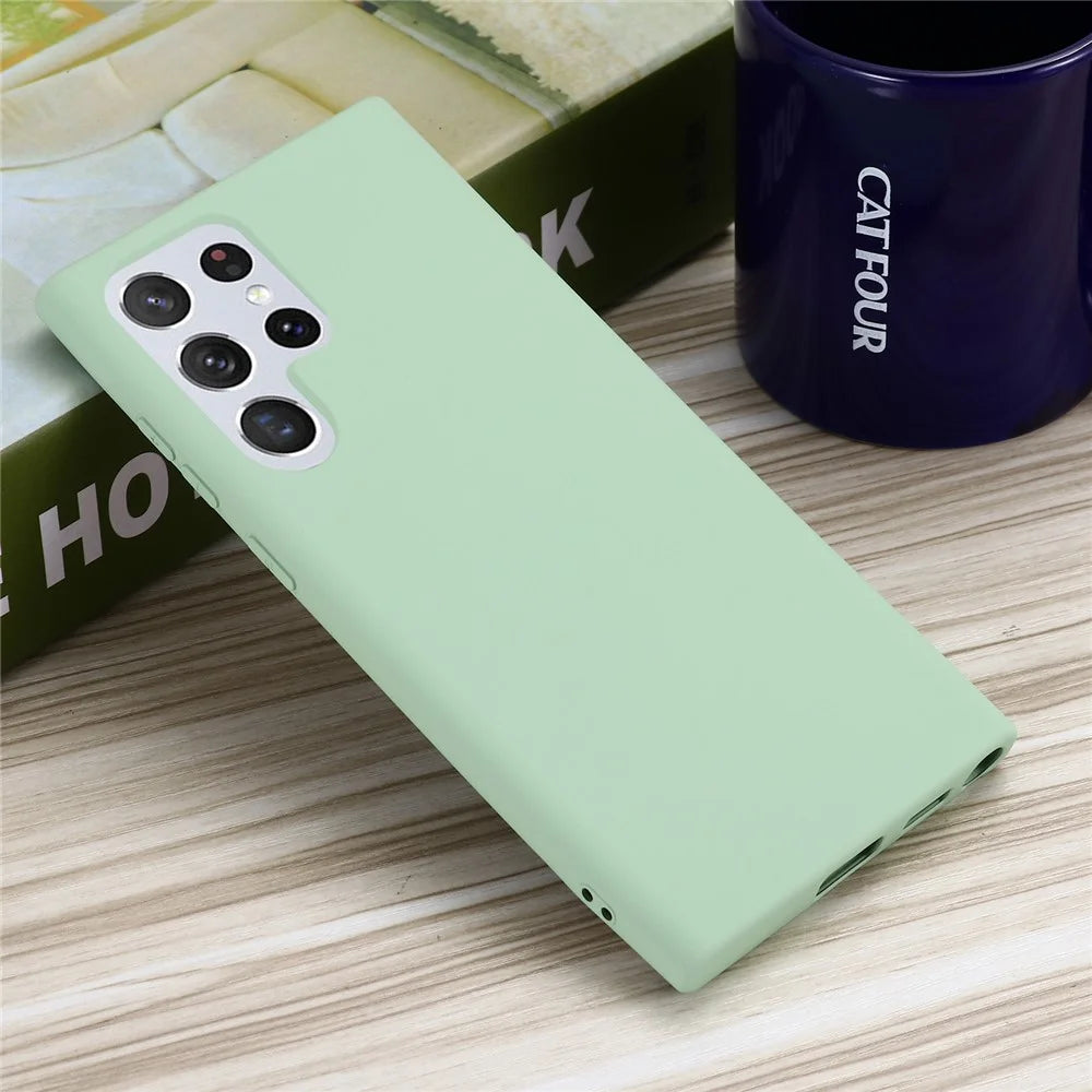 Liquid Silicone Microfiber Lining Mobile Phone Back Case Cover with Strap for Samsung Galaxy S22 Ultra 5G - Green - 7