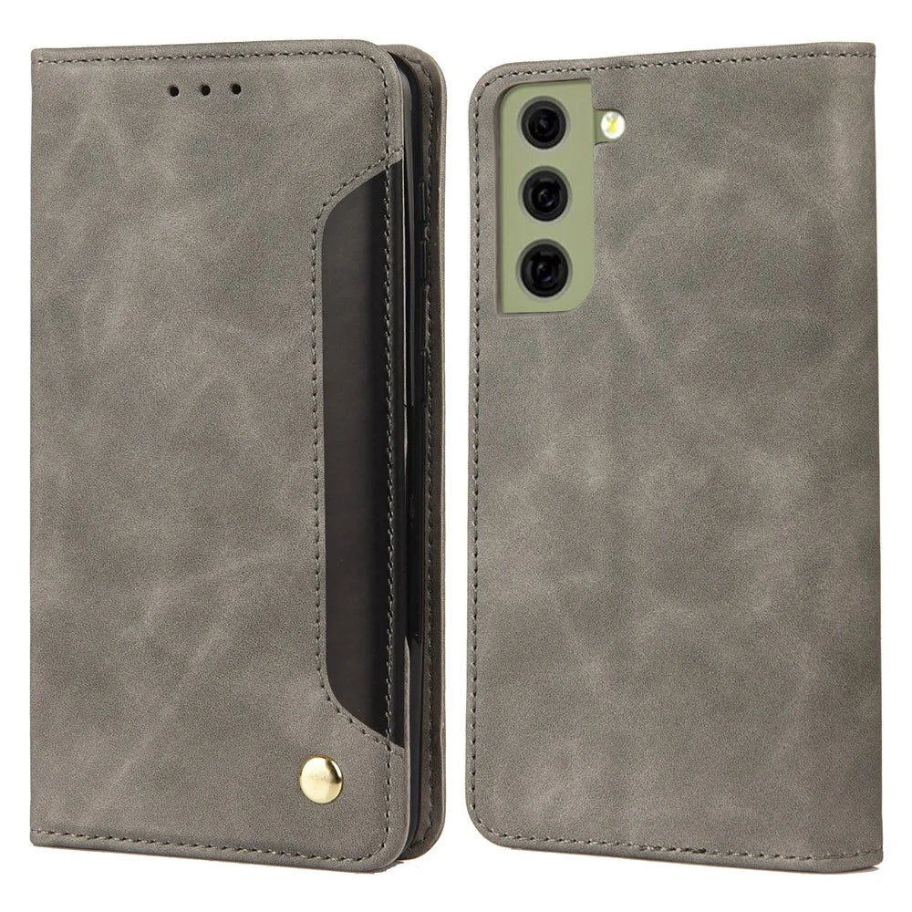 Phone Stand Cover Shockproof Business Phone Case Splicing Leather Shell for Samsung Galaxy S21 FE 5G - Grey - 1