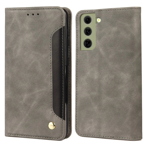 Phone Stand Cover Shockproof Business Phone Case Splicing Leather Shell for Samsung Galaxy S21 FE 5G - Grey - 1