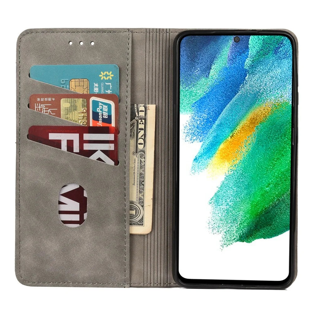 Phone Stand Cover Shockproof Business Phone Case Splicing Leather Shell for Samsung Galaxy S21 FE 5G - Grey - 4