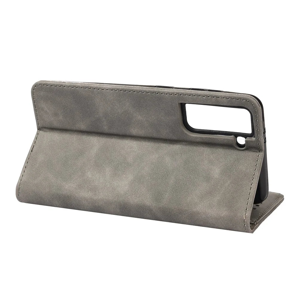 Phone Stand Cover Shockproof Business Phone Case Splicing Leather Shell for Samsung Galaxy S21 FE 5G - Grey - 6