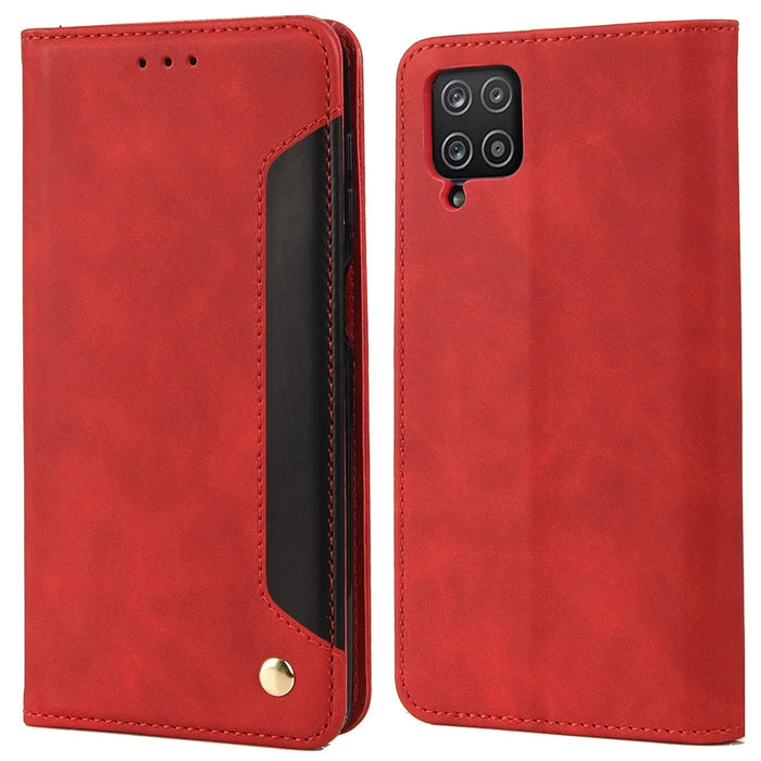 Shockproof Business Style Phone Stand Cover Phone Case Splicing Leather Shell for Samsung Galaxy A12 - Red - 1