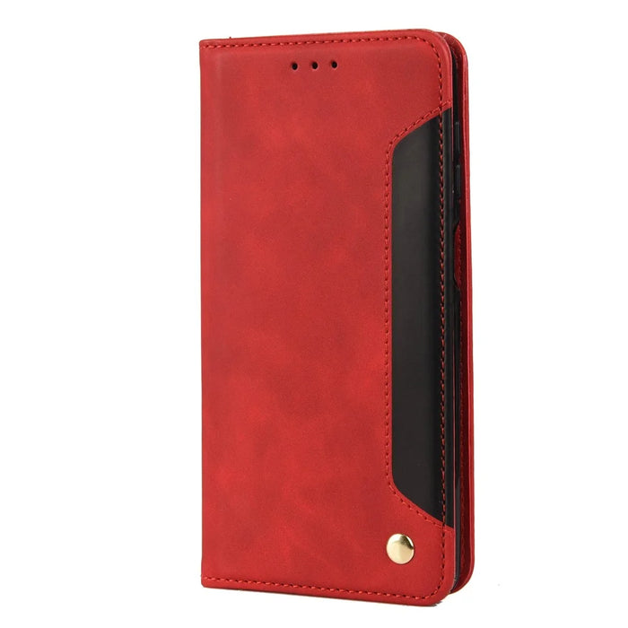 Shockproof Business Style Phone Stand Cover Phone Case Splicing Leather Shell for Samsung Galaxy A12 - Red - 2