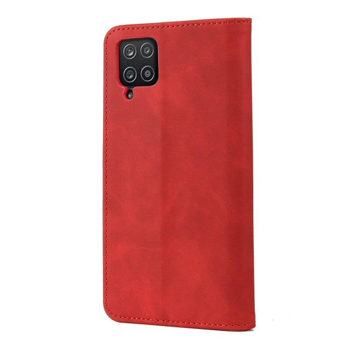 Shockproof Business Style Phone Stand Cover Phone Case Splicing Leather Shell for Samsung Galaxy A12 - Red - 3