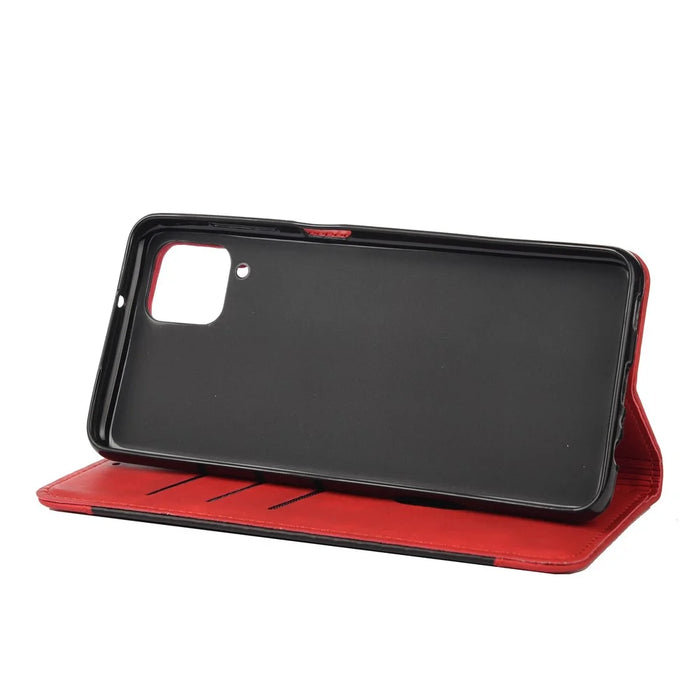 Shockproof Business Style Phone Stand Cover Phone Case Splicing Leather Shell for Samsung Galaxy A12 - Red - 5