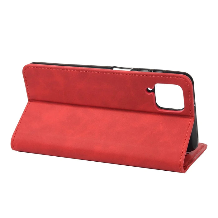 Shockproof Business Style Phone Stand Cover Phone Case Splicing Leather Shell for Samsung Galaxy A12 - Red - 6