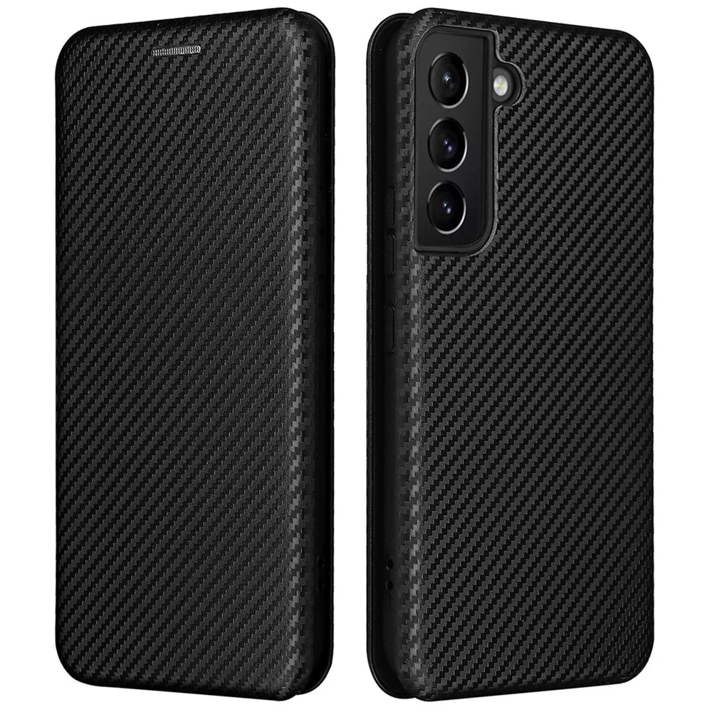 Carbon Fiber Texture Auto-absorbed Magnetic Closure Leather Stand Phone Case with Card Slot for Samsung Galaxy S22 5G - Black - 1