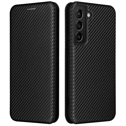 Carbon Fiber Texture Auto-absorbed Magnetic Closure Leather Stand Phone Case with Card Slot for Samsung Galaxy S22 5G - Black - 1