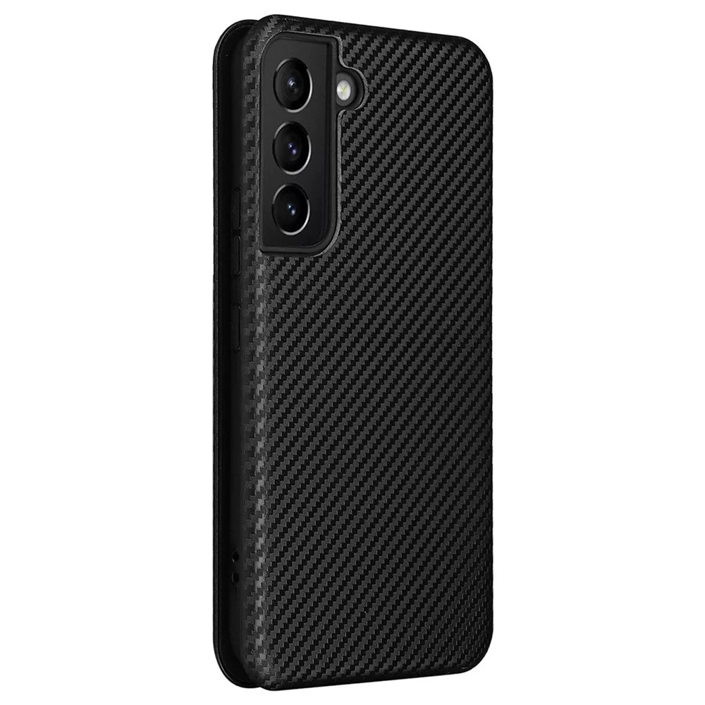 Carbon Fiber Texture Auto-absorbed Magnetic Closure Leather Stand Phone Case with Card Slot for Samsung Galaxy S22 5G - Black - 3