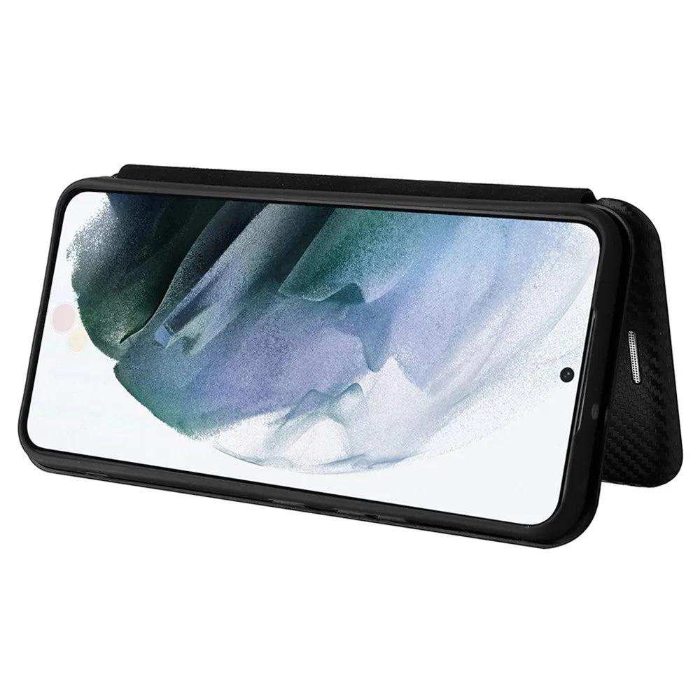 Carbon Fiber Texture Auto-absorbed Magnetic Closure Leather Stand Phone Case with Card Slot for Samsung Galaxy S22 5G - Black - 4