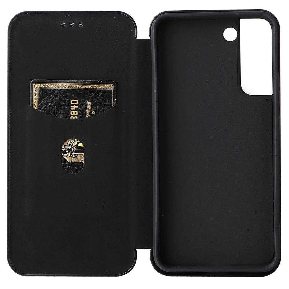 Carbon Fiber Texture Auto-absorbed Magnetic Closure Leather Stand Phone Case with Card Slot for Samsung Galaxy S22 5G - Black - 5