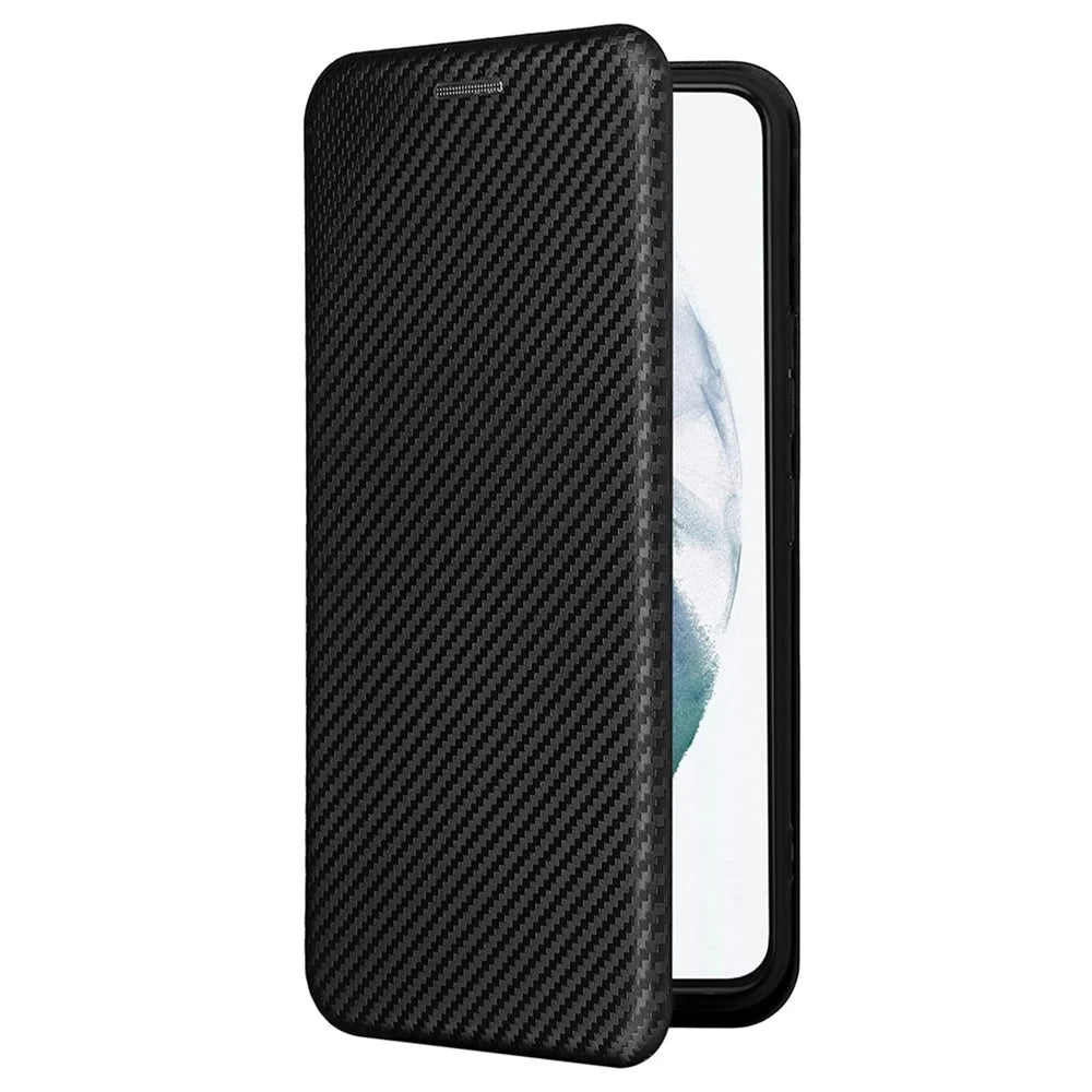 Carbon Fiber Texture Auto-absorbed Magnetic Closure Leather Stand Phone Case with Card Slot for Samsung Galaxy S22 5G - Black - 6