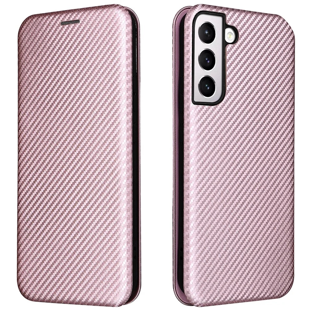 Carbon Fiber Texture PU Leather Phone Case Auto-absorbed Magnetic Closure Stand Flip Cover with Ring Strap for Samsung Galaxy S22+ 5G - Rose Gold - 1