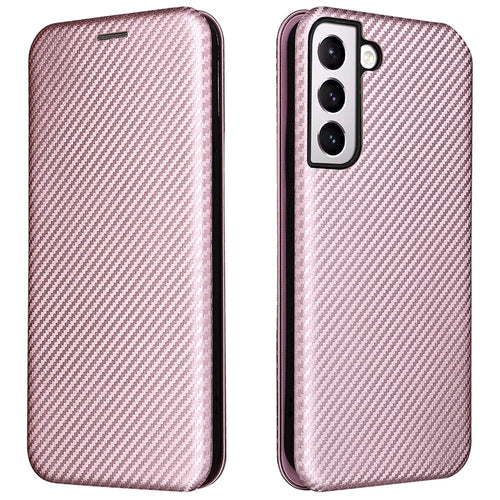 Carbon Fiber Texture PU Leather Phone Case Auto-absorbed Magnetic Closure Stand Flip Cover with Ring Strap for Samsung Galaxy S22+ 5G - Rose Gold - 1