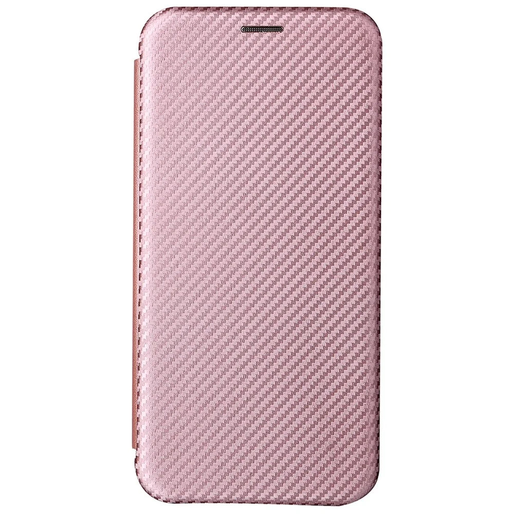 Carbon Fiber Texture PU Leather Phone Case Auto-absorbed Magnetic Closure Stand Flip Cover with Ring Strap for Samsung Galaxy S22+ 5G - Rose Gold - 2