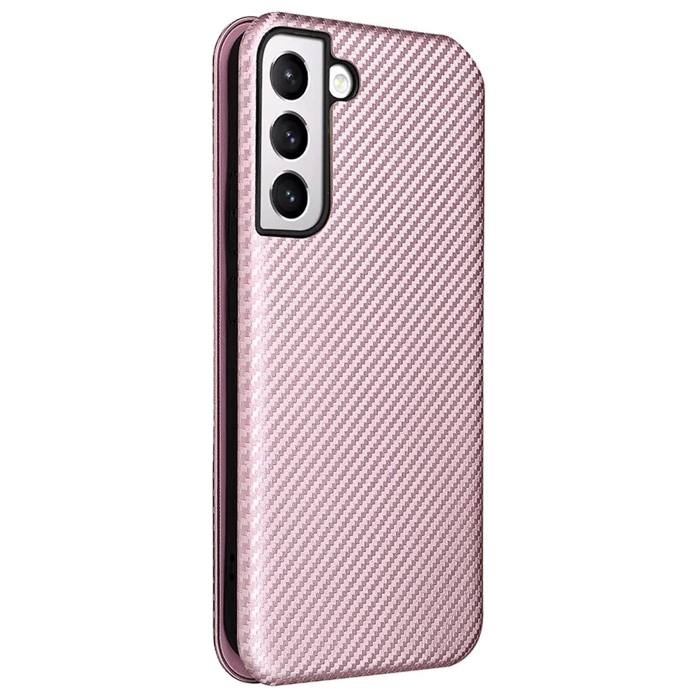 Carbon Fiber Texture PU Leather Phone Case Auto-absorbed Magnetic Closure Stand Flip Cover with Ring Strap for Samsung Galaxy S22+ 5G - Rose Gold - 3