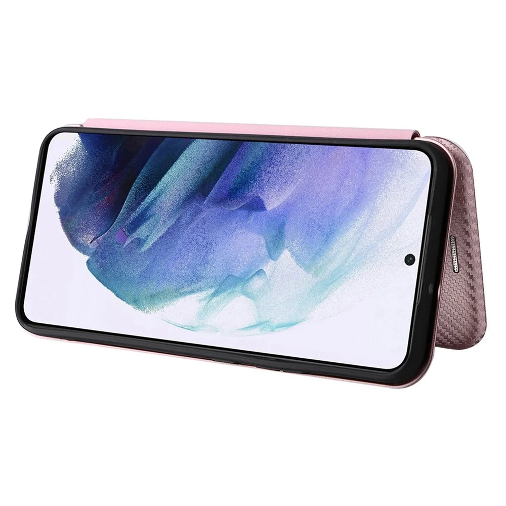 Carbon Fiber Texture PU Leather Phone Case Auto-absorbed Magnetic Closure Stand Flip Cover with Ring Strap for Samsung Galaxy S22+ 5G - Rose Gold - 4
