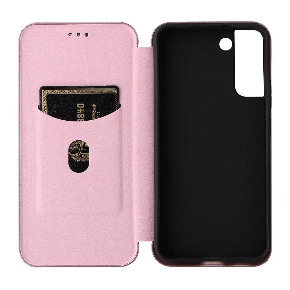 Carbon Fiber Texture PU Leather Phone Case Auto-absorbed Magnetic Closure Stand Flip Cover with Ring Strap for Samsung Galaxy S22+ 5G - Rose Gold - 5