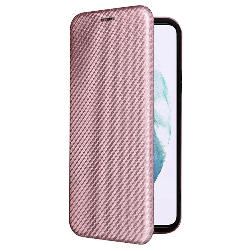 Carbon Fiber Texture PU Leather Phone Case Auto-absorbed Magnetic Closure Stand Flip Cover with Ring Strap for Samsung Galaxy S22+ 5G - Rose Gold - 6