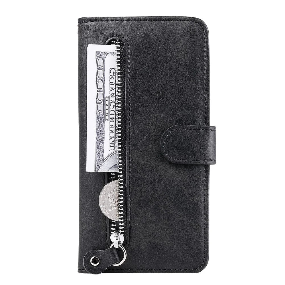 PU Leather Flip Case Zipper Pocket Design Wallet Phone Covering Shell for Samsung Galaxy S22+ 5G - Black - 7