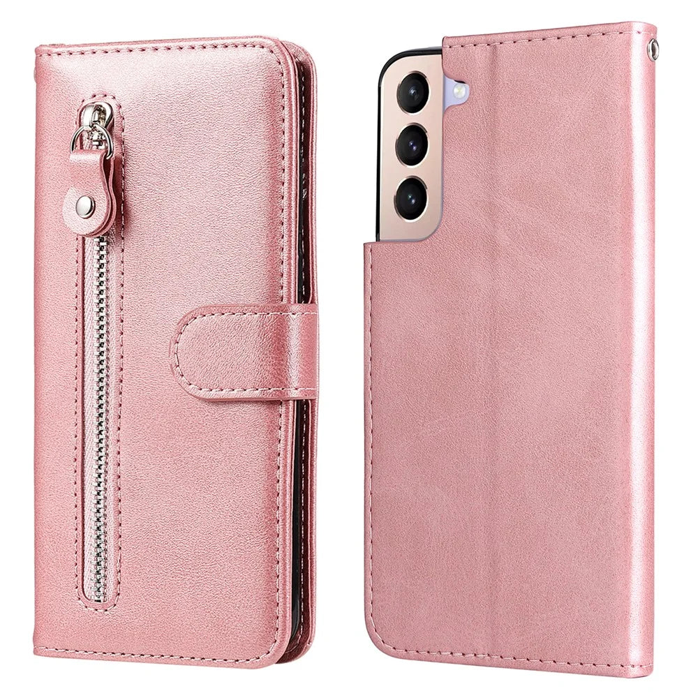 PU Leather Phone Case Zipper Pocket Design Folio Flip Stand Wallet Case for Samsung Galaxy S22 5G - Rose Gold - 1