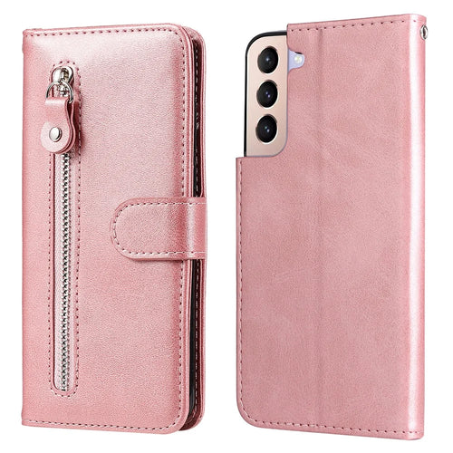 PU Leather Phone Case Zipper Pocket Design Folio Flip Stand Wallet Case for Samsung Galaxy S22 5G - Rose Gold - 1