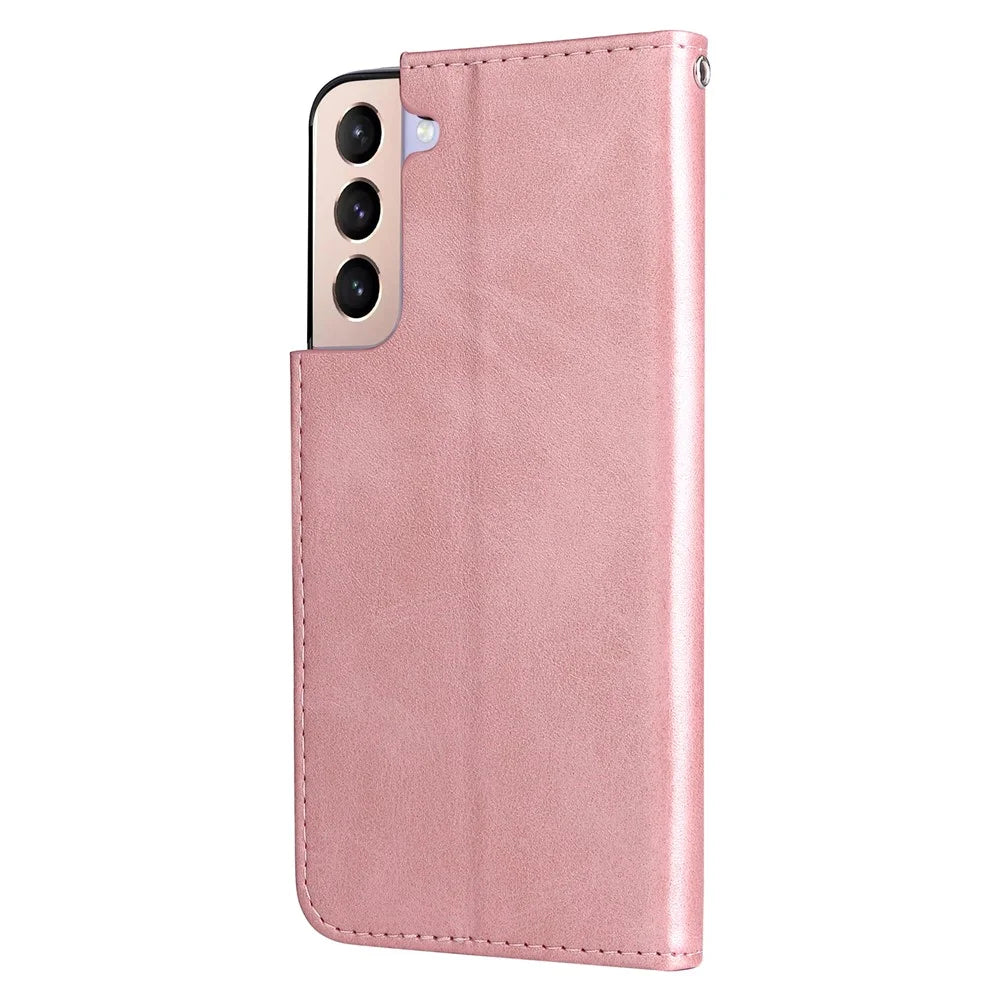 PU Leather Phone Case Zipper Pocket Design Folio Flip Stand Wallet Case for Samsung Galaxy S22 5G - Rose Gold - 2