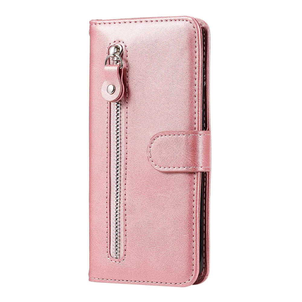 PU Leather Phone Case Zipper Pocket Design Folio Flip Stand Wallet Case for Samsung Galaxy S22 5G - Rose Gold - 3