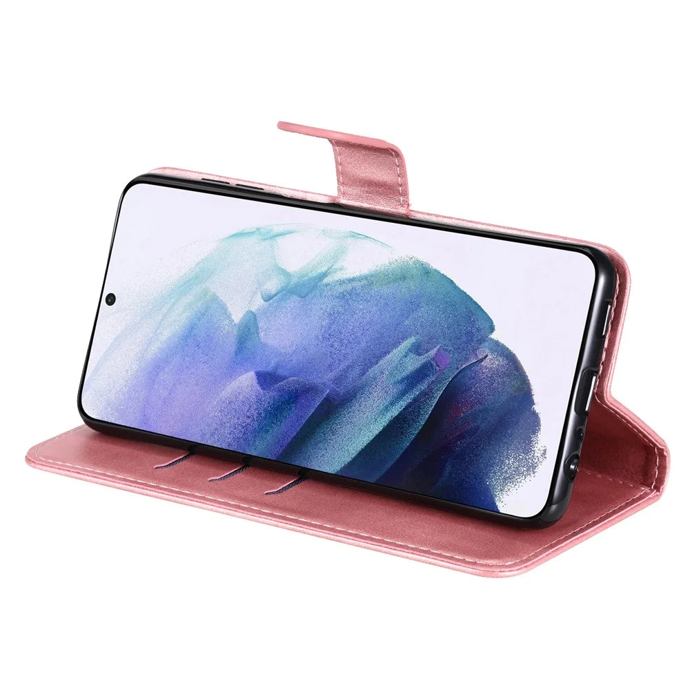 PU Leather Phone Case Zipper Pocket Design Folio Flip Stand Wallet Case for Samsung Galaxy S22 5G - Rose Gold - 5