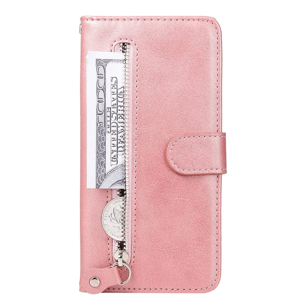 PU Leather Phone Case Zipper Pocket Design Folio Flip Stand Wallet Case for Samsung Galaxy S22 5G - Rose Gold - 7