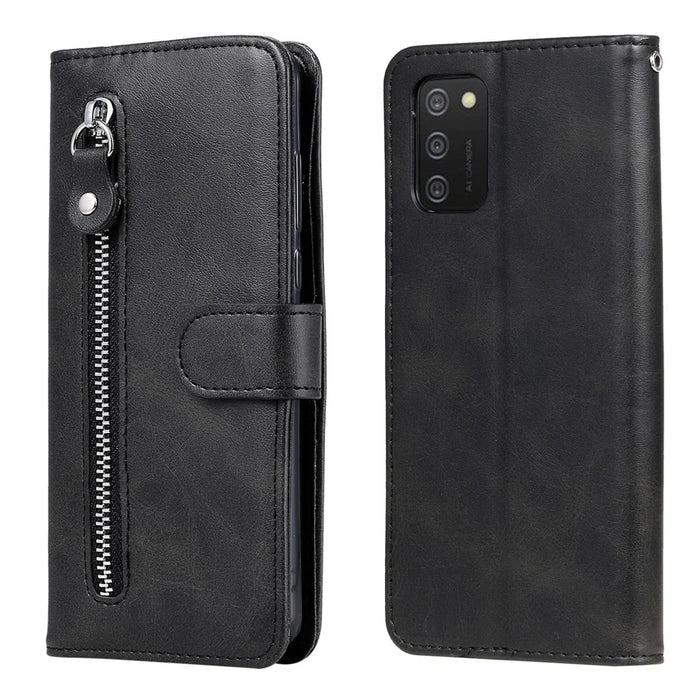 PU Leather Phone Case Drop-Resistant Folio Flip Stand Wallet Zipper Pocket Design Case for Samsung Galaxy A03s (164.2mm) - Black - 1