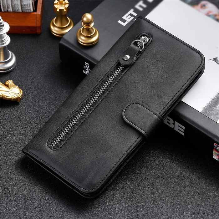 PU Leather Phone Case Drop-Resistant Folio Flip Stand Wallet Zipper Pocket Design Case for Samsung Galaxy A03s (164.2mm) - Black - 6