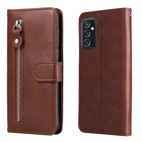 Folding PU Leather Phone Case Zipper Pocket Design Wallet Case with Adjustable Stand for Samsung Galaxy M52 5G - Brown - 1
