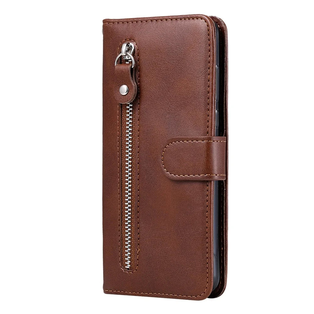 Folding PU Leather Phone Case Zipper Pocket Design Wallet Case with Adjustable Stand for Samsung Galaxy M52 5G - Brown - 3