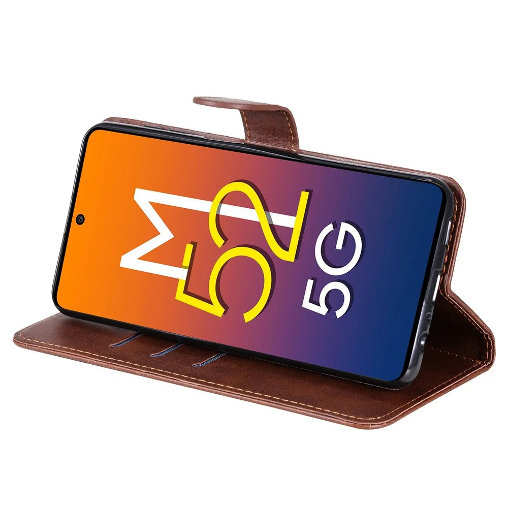 Folding PU Leather Phone Case Zipper Pocket Design Wallet Case with Adjustable Stand for Samsung Galaxy M52 5G - Brown - 5