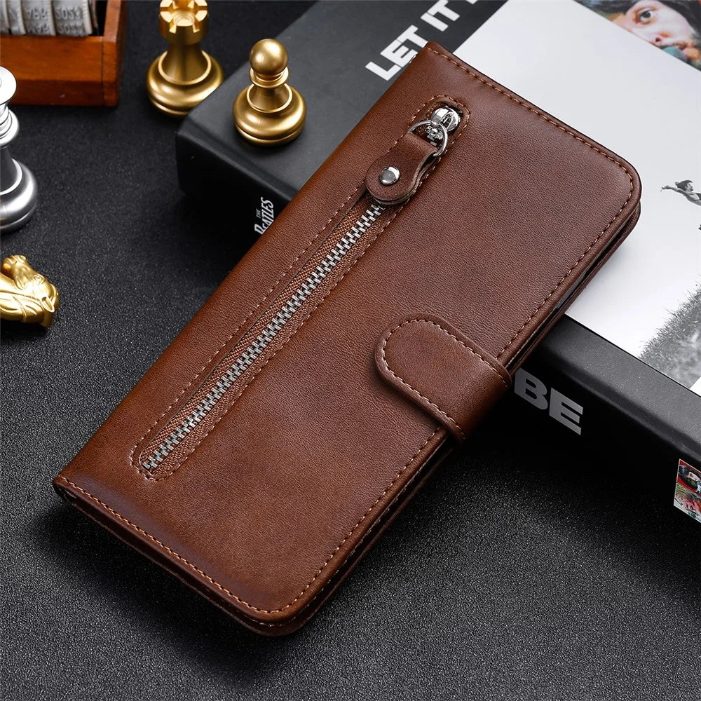 Folding PU Leather Phone Case Zipper Pocket Design Wallet Case with Adjustable Stand for Samsung Galaxy M52 5G - Brown - 6