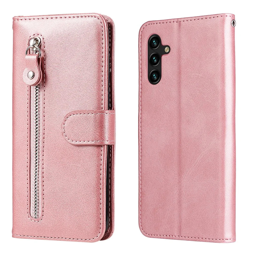 Folio Flip PU Leather Phone Case Zipper Pocket Design Wallet Plain Color Stand Case for Samsung Galaxy A13 5G / A04s 4G (164.7mm) - Rose Gold - 1