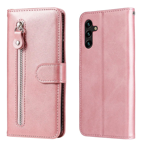 Folio Flip PU Leather Phone Case Zipper Pocket Design Wallet Plain Color Stand Case for Samsung Galaxy A13 5G / A04s 4G (164.7mm) - Rose Gold - 1