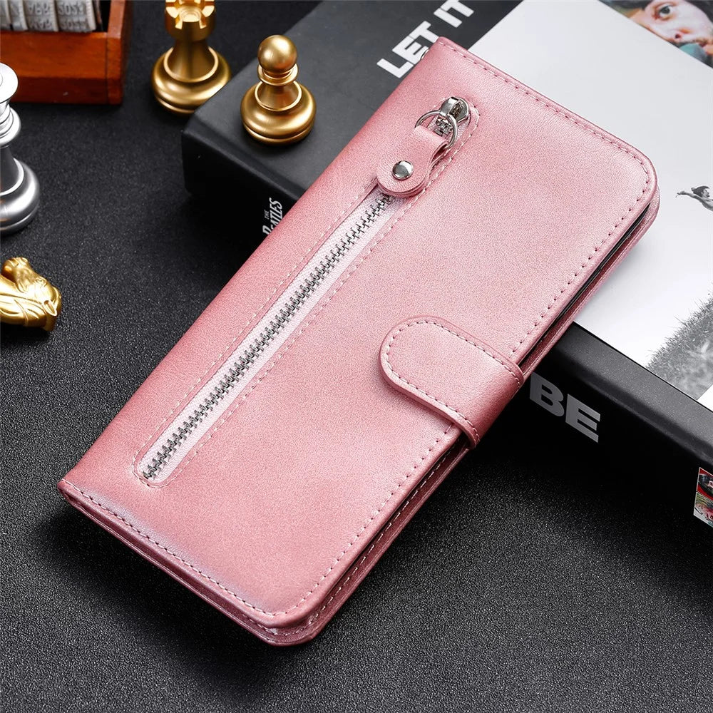 Folio Flip PU Leather Phone Case Zipper Pocket Design Wallet Plain Color Stand Case for Samsung Galaxy A13 5G / A04s 4G (164.7mm) - Rose Gold - 6