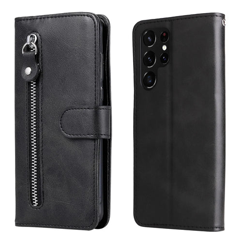 PU Leather Flip Case Zipper Pocket Design Wallet Stand Anti-Drop Case for Samsung Galaxy S22 Ultra 5G - Black - 1