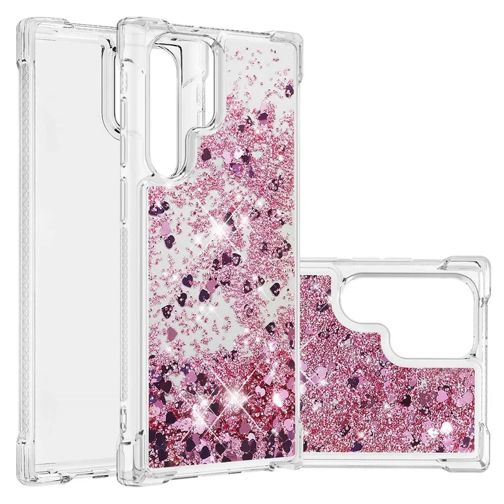 Quicksand TPU Protective Cover Shell Anti-Drop Multiple Color Choices Phone Case for Samsung Galaxy S22 Ultra 5G - Rose Gold/Heart - 1