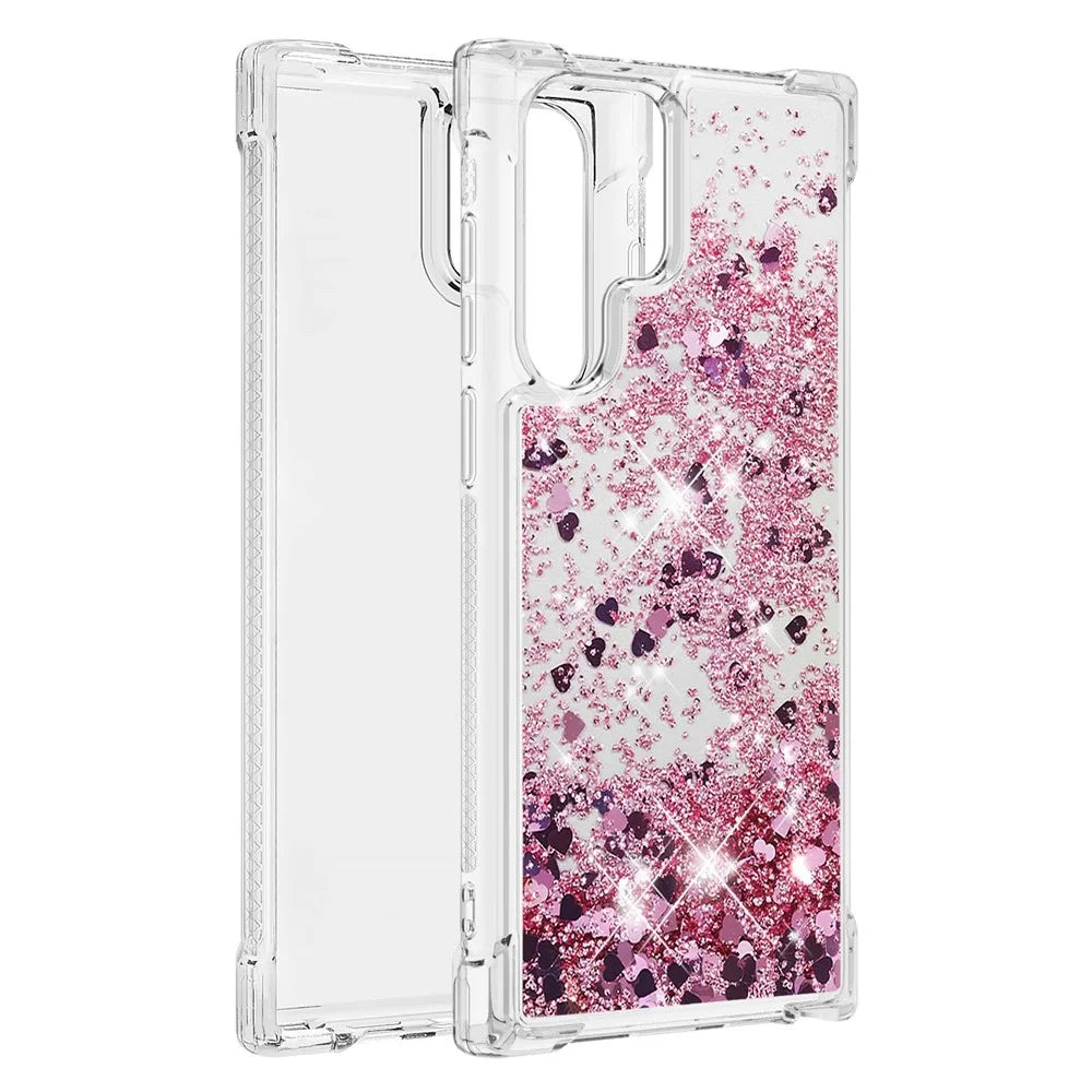 Quicksand TPU Protective Cover Shell Anti-Drop Multiple Color Choices Phone Case for Samsung Galaxy S22 Ultra 5G - Rose Gold/Heart - 3