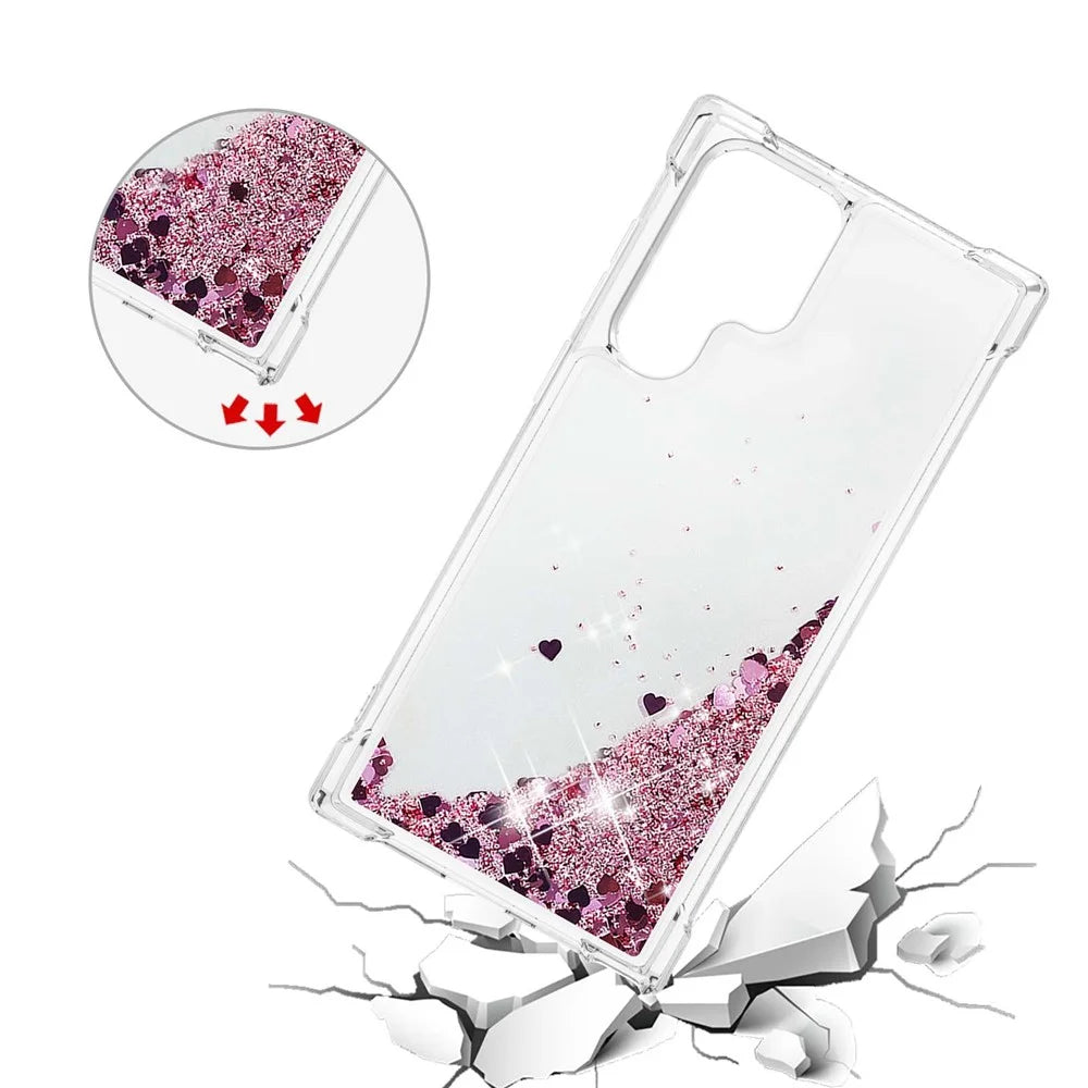 Quicksand TPU Protective Cover Shell Anti-Drop Multiple Color Choices Phone Case for Samsung Galaxy S22 Ultra 5G - Rose Gold/Heart - 5