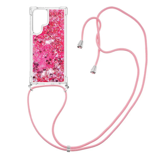 Quicksand TPU Protective Cover Shell Colorful Phone Case with Long Lanyard for Samsung Galaxy S22 Ultra 5G - Pink/Heart - 1
